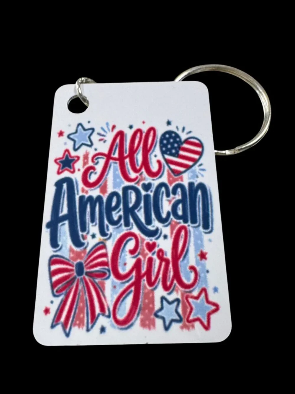 All American Girl Patriotic Metal Keychain, Red White and Blue USA Flag Design